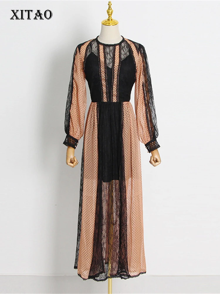 

XITAO Hollow Out Mesh Dress Fashion Pullover Patchwork Sexy Long Small Fresh Casual Style 2022 Autumn Lace Dress ZY7499