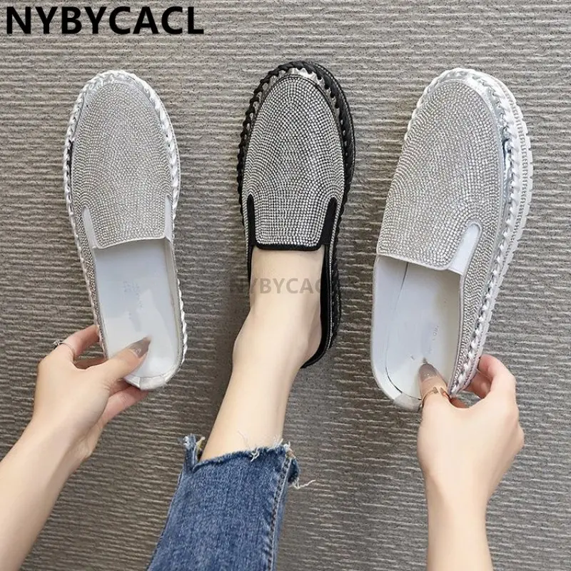Women Slippers Rhinestone Slip On Pattern Flat Shoes Woman Big Size 43 Soft Antiskid Breathable Sneakers Casual Slides Fashion