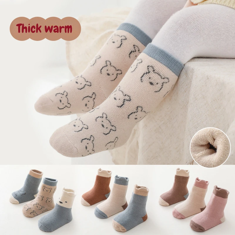 3 Pairs/lot Winter Terry Thick Kawaii Cartoon Bear Pink Flower Cotton Soft Breathable Newborn Infant Baby Girl Boy Toddler Socks