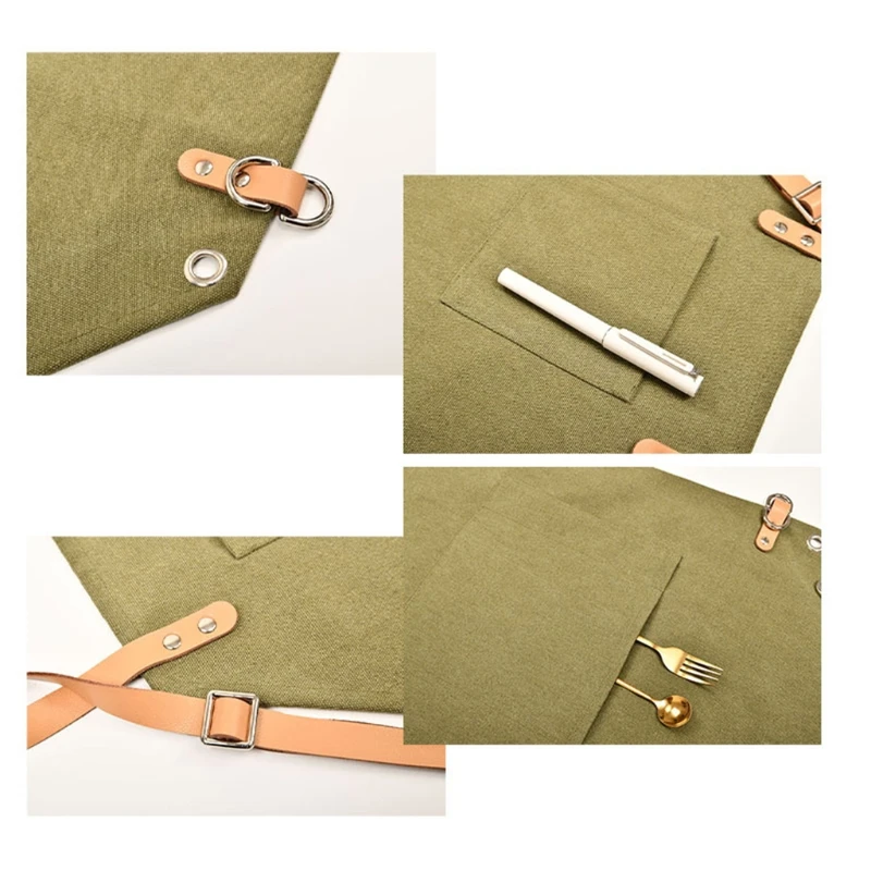 

652F брезентовый фартук для мужчин и женщин, для шеф-повара, гриля, для работы в магазине, фартуки с регулируемым ремешком (серый/зеленый)