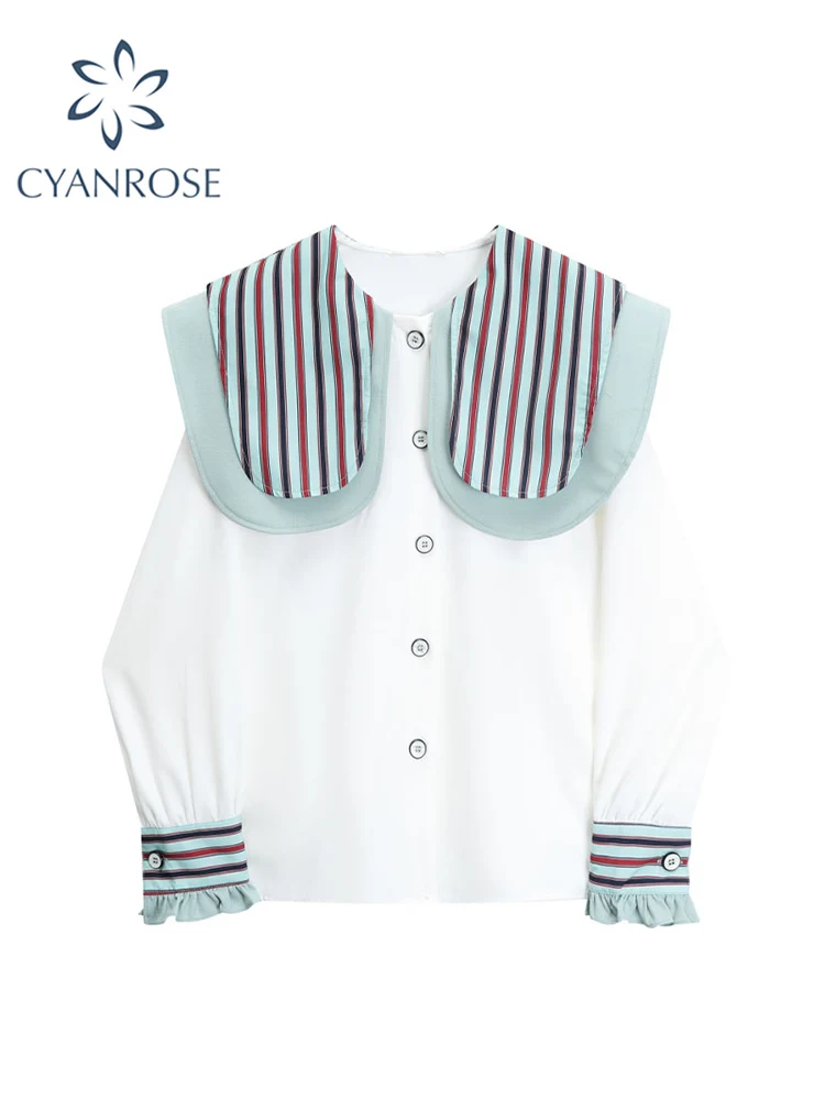 

Women Long Sleeve Single Breasted White Shirts Striped Peter Pan Collar Korean Sweet Cute Chic Fashion Female Blouses 2023 New