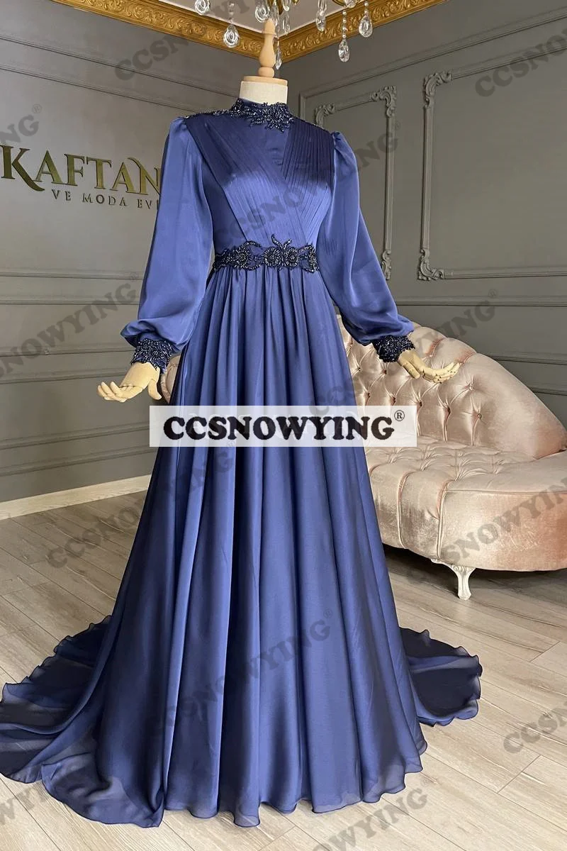 

Royal Blue Long Sleeve Muslim Evening Dresses Chiffon Appliques Islamic Formal Party Gown Hijab Women Arabic Robe De Soiree