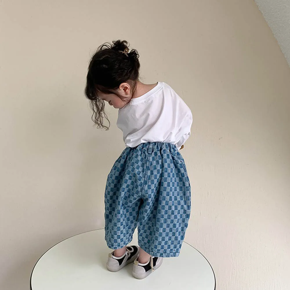 

Baby Girl Pants Outfits 2022 Spring and Autumn Korean Checkerboard Plaid Denim Casual Ninth Pants Children's Loose Fashion Pants