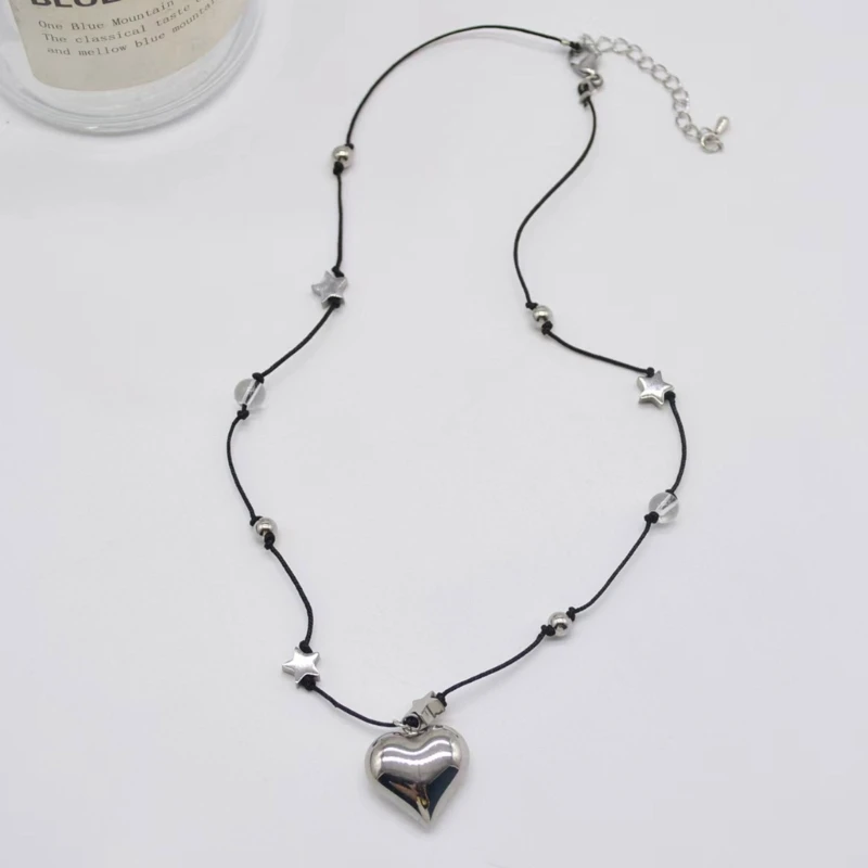 652F Heart Pendant Necklace Neck Chain Simple  Bead Necklace