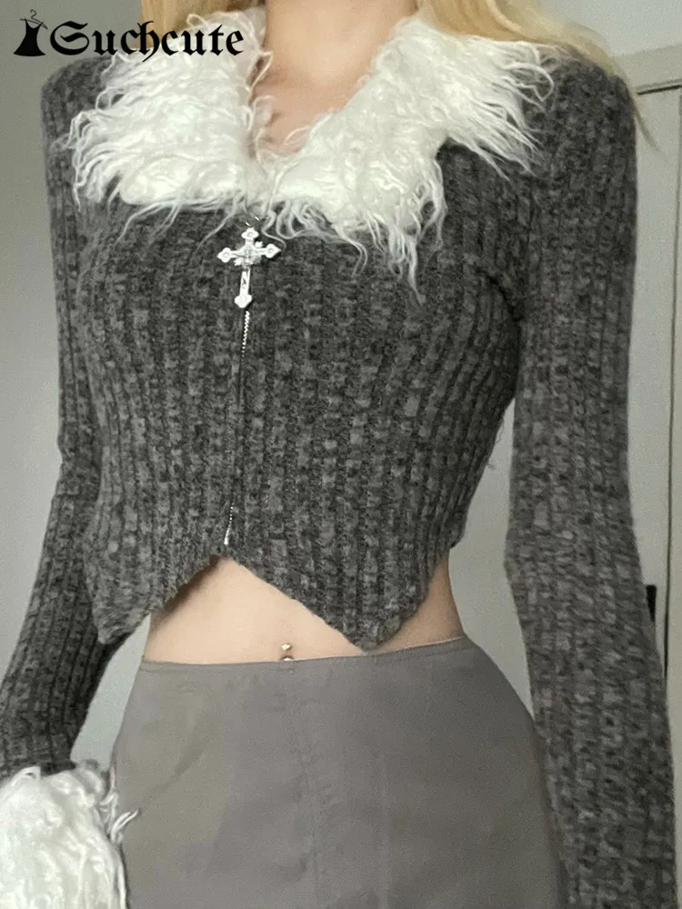 

SUCHCUTE Y2K Sweet Faux Fur Collar And Cuffs Patchwork Sweater Cardigans Women Grunge Fall Winter Zip Up Gray Bodycon Sweaters