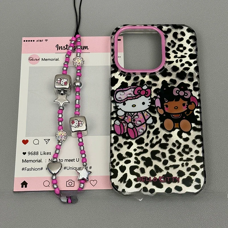 Чехол Kawaii Tan Hello Kitty с леопардовым принтом Y2K для iPhone 16 15 14 13 12 Pro Max Sanrio креативный