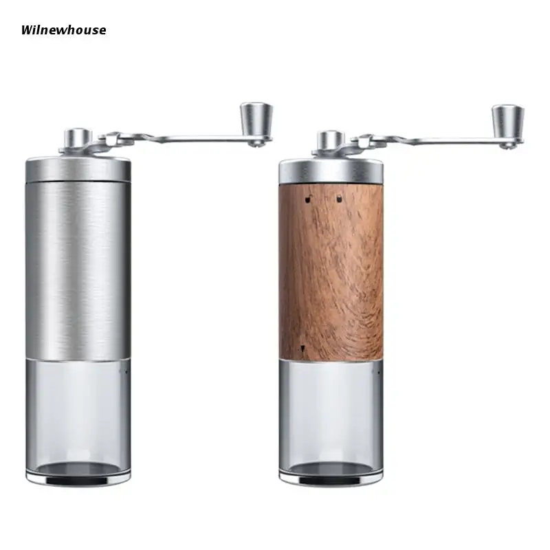 

F63A Portable Wood Grain Hand Manual Coffee Grinder Silver Stainless Steel Coffee Bean Burr Mill Hand Crank Aeropress Espresso