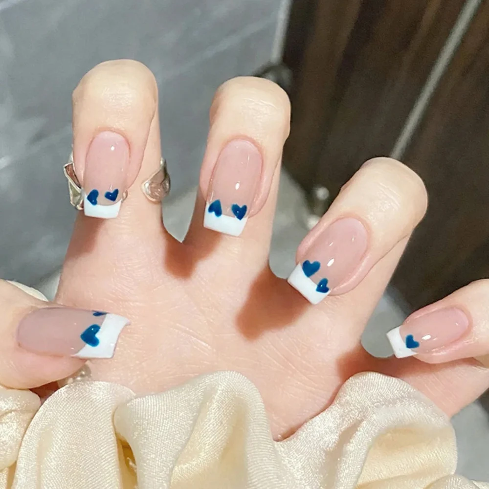 

Nails Supplies 24PCS False Nails Blue Heart French Full Cover Fake Nails For Women Girls Spring Summer Exquisite Girls Must Have