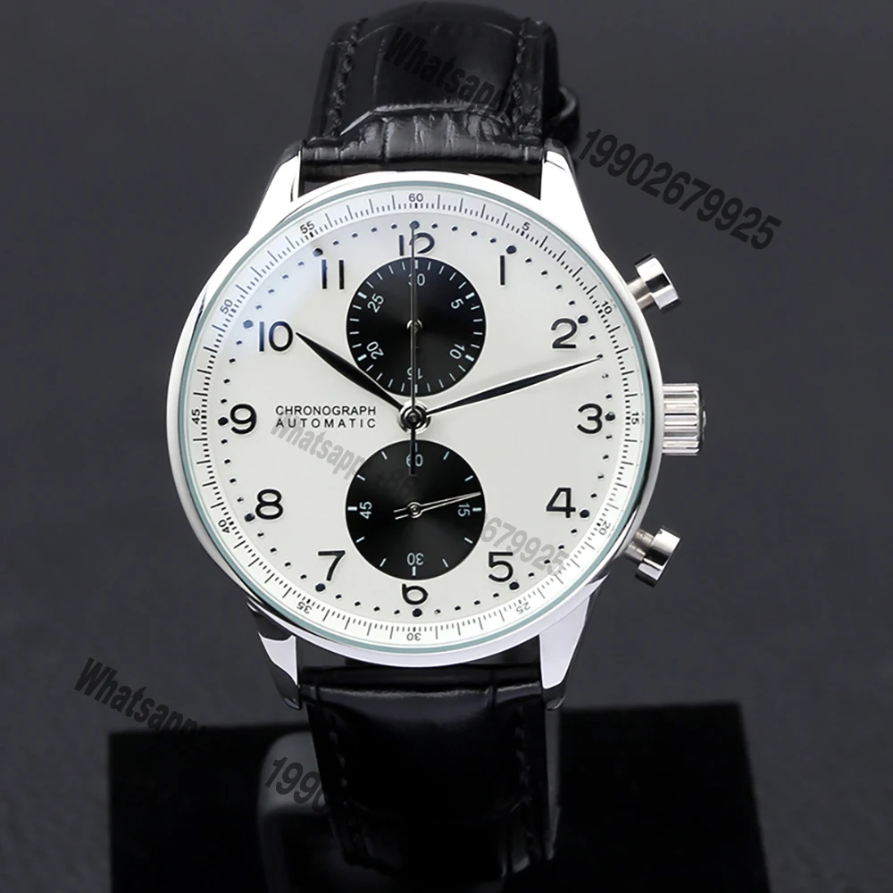 

Luxury Watches Miyota Quartz Chronograph Mens Watch Steel Case White Dial Black Leather Strap With Pattern Stopwawtch Puretime