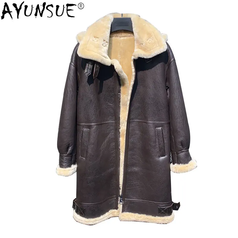 AYUNSUE Genuine Leather Women's jackets Long Hooded Sheepskin Coat Original Nature Fur Coat Real Leather Jaqueta Feminina FCY