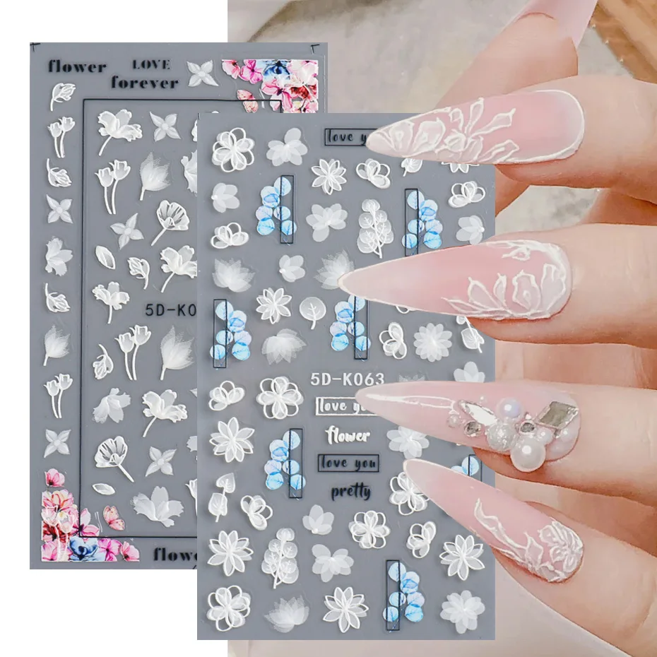 5D White Embossed Nail Sticker Flower Lace Wedding Adhesive Transfer Decal Slider Wraps Japanese Manicure Decor Tool SA5D-K-1
