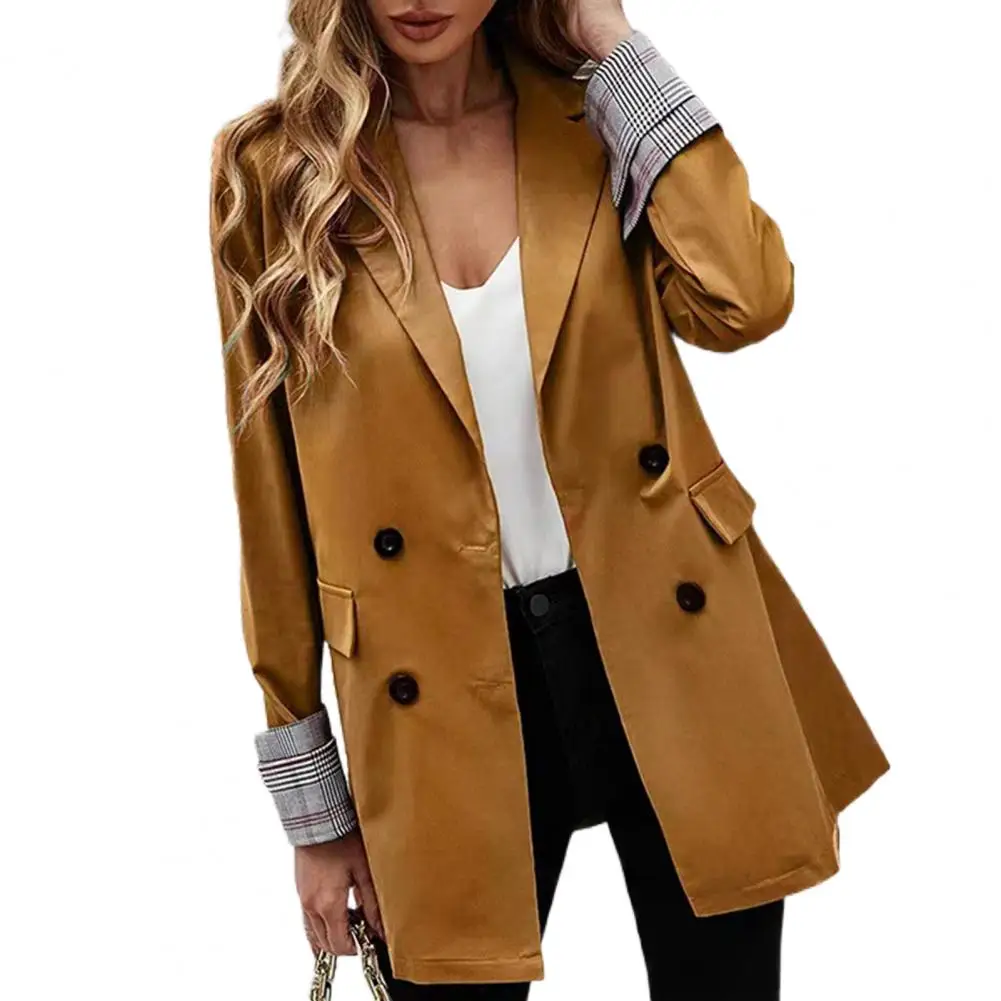 

Women Blazer Ladies Coat Formal Jacket Lapel Long Sleeves Plaid Patchwork Pockets Double-breasted Suit Cardigan Coat Outerwear