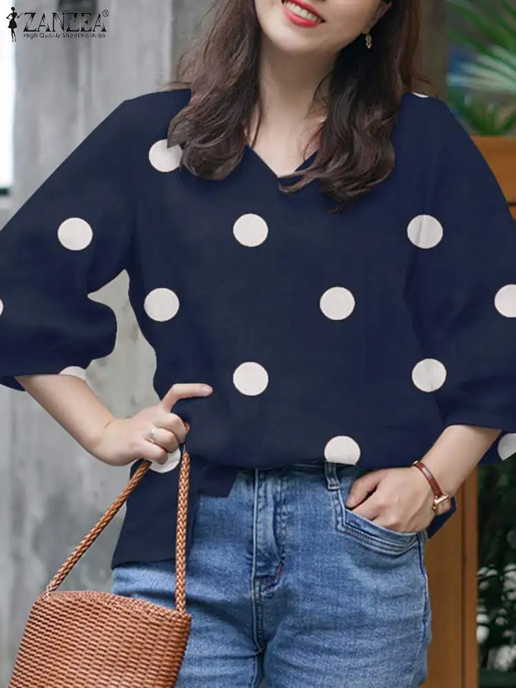 

Elegant Women Blouse ZANZEA Fashion Polka Dots Printed Shirts 3/4 Sleeve O-Neck Shirt Causal Tunic Tops Summer Work Tunic Blusas