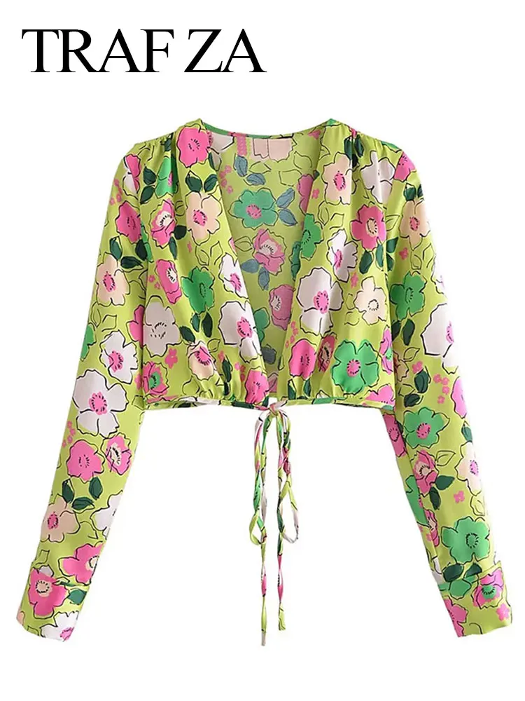 

TRAF ZA Women's Clothing Long Sleeve Shirts Floral Print Casual Beach Wear Blouse Loose Vintage Female V Neck Sexy Short Top