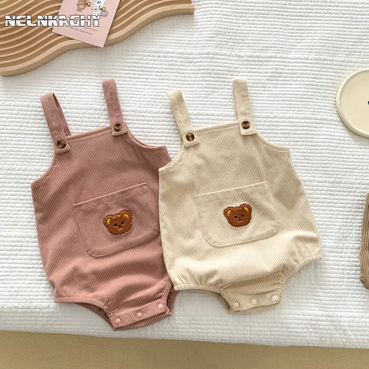 2023 New In Summer Infant Baby Girls Boys Sleeveless Bear Embroidery Outfits Jumpsuits Kids Newborn Corduroy Bodysuits