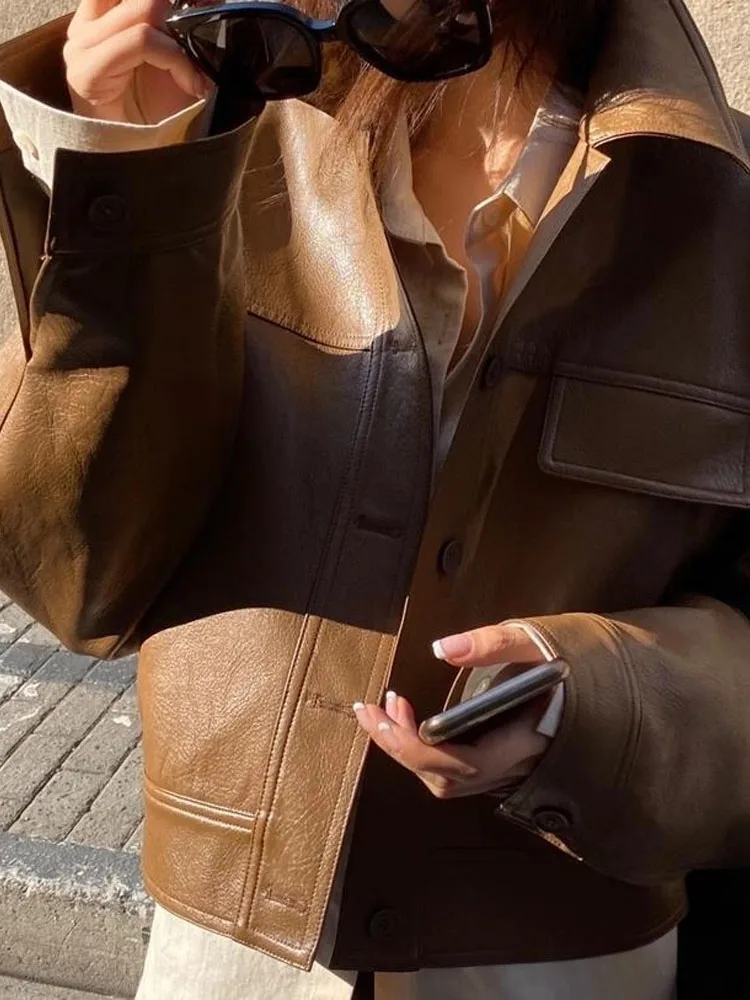 Vintage Button Leather Cropped Jacket Women Loose Korean Fashion Thin Biker Jacket Female Streetwear 2022 Autumn Chic Moto Coats