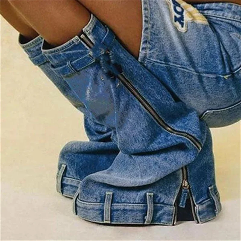 Women Shoes Free Shipping Offer Denim Boots 2023 New Platform Gothic High Boots Trend Elegant Metal Lock Luxury Designer Shoes