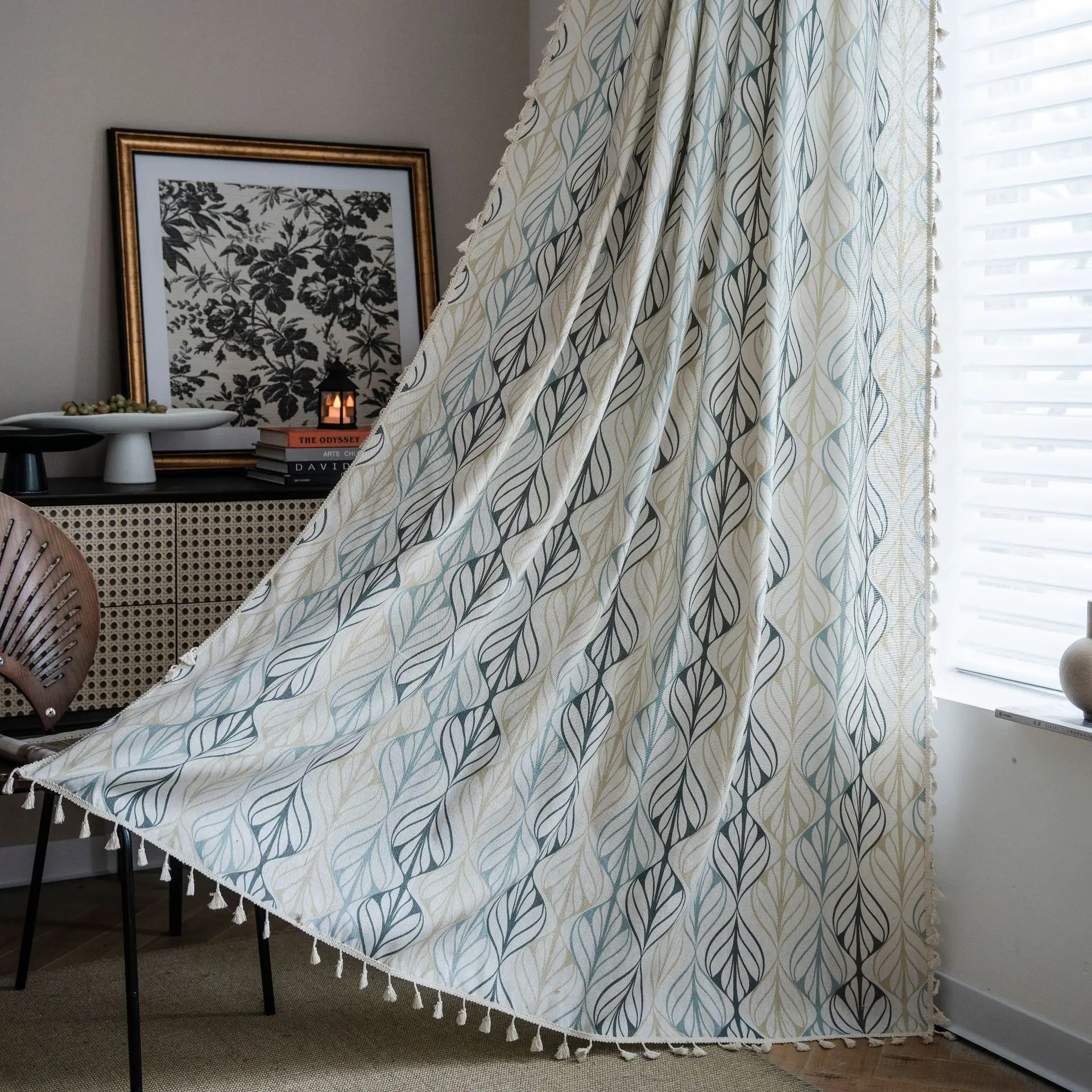 

Ins Style Leaf Plant Pattern Tassel Curtains Semi Blackout Curtains for Living Room Bedroom Kitchen Home Decoration Curtain