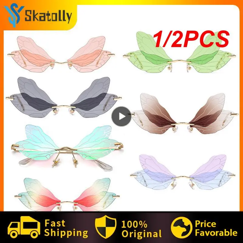 

1/2PCS Butterfly Sunglasses Rimless Dragonfly Wing Sunglasses Women Vintage Clear Ocean Lens Eyewear Men Sun Glasses Shades