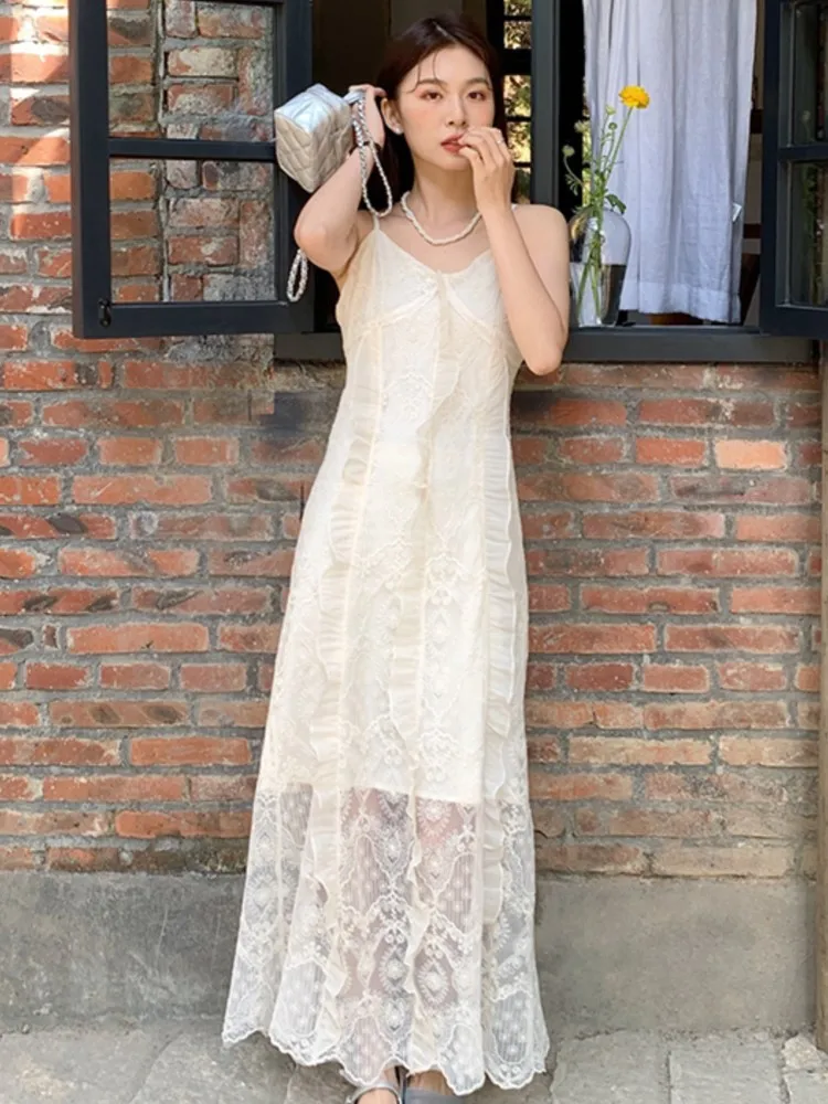 

Elegant Lace Solid White Long Dress For Women French Vintage Embroidery Strap Loose Clothes New Fashion Banquet Maxi Casual Robe