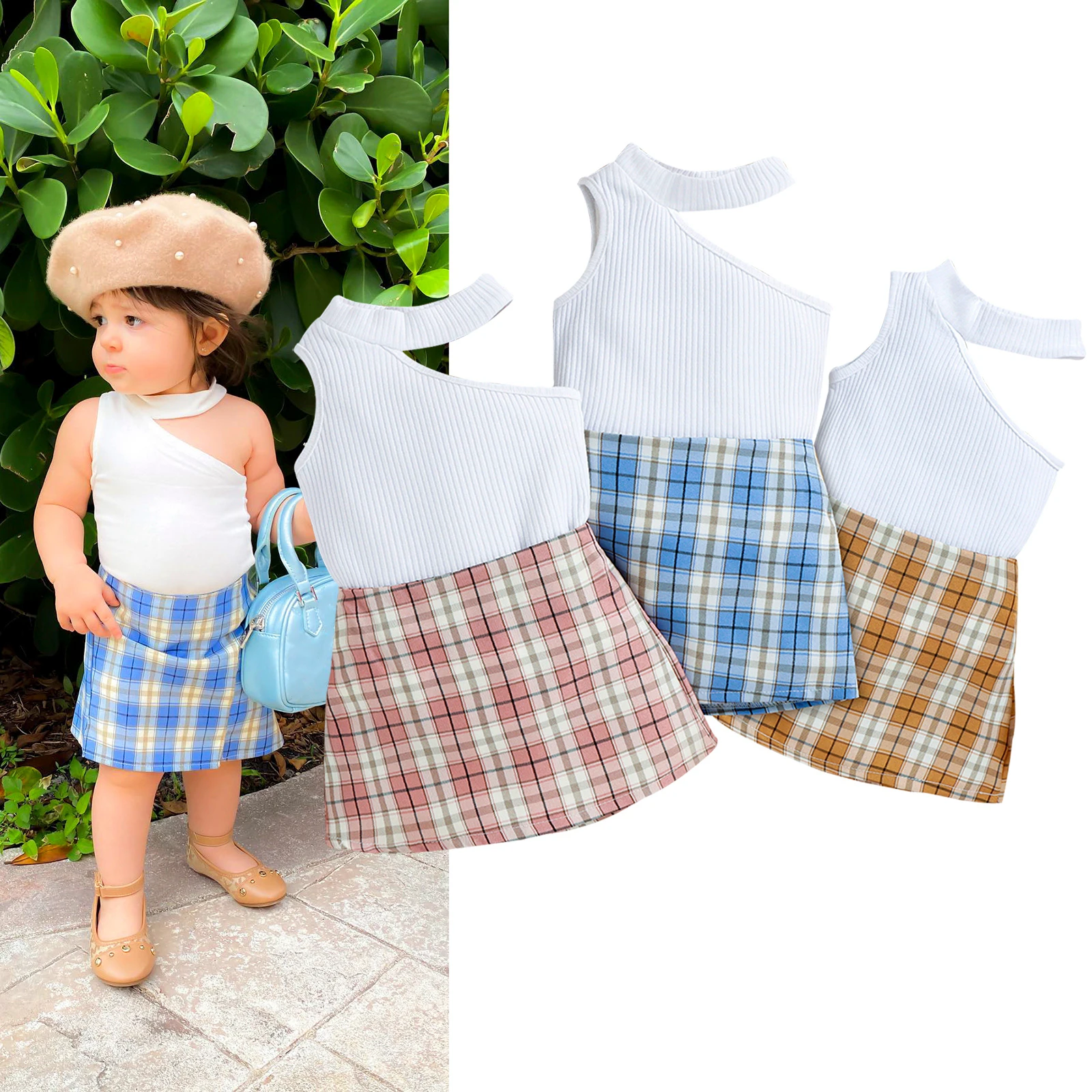 

Летний однотонный топ без рукавов и с косым плечом для маленьких девочек + клетчатая короткая юбка, комплект одежды из двух предметов
