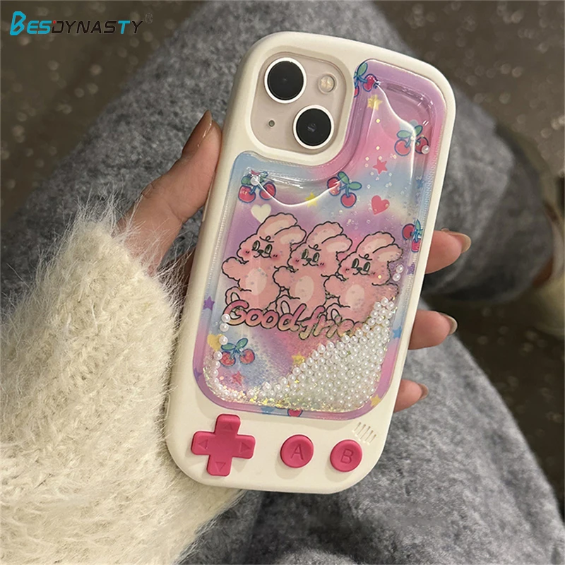 

BESD Korean Cute 3D Cartoon Rabbit Quicksand Pearl Phone Case For iPhone 14 13 12 11 Pro Max Glitter Shockproof Soft Back Cover
