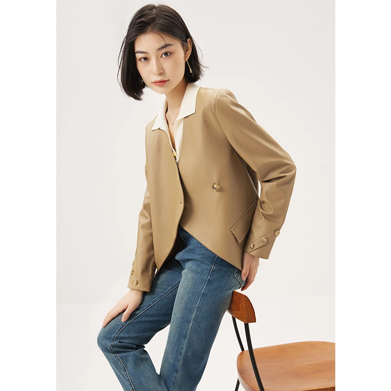 SHUCHAN Design Fashion Crop Top Jacket Women Real Leather Jacket Women  Single Button  High Street  Sheepskin Genuine Leather