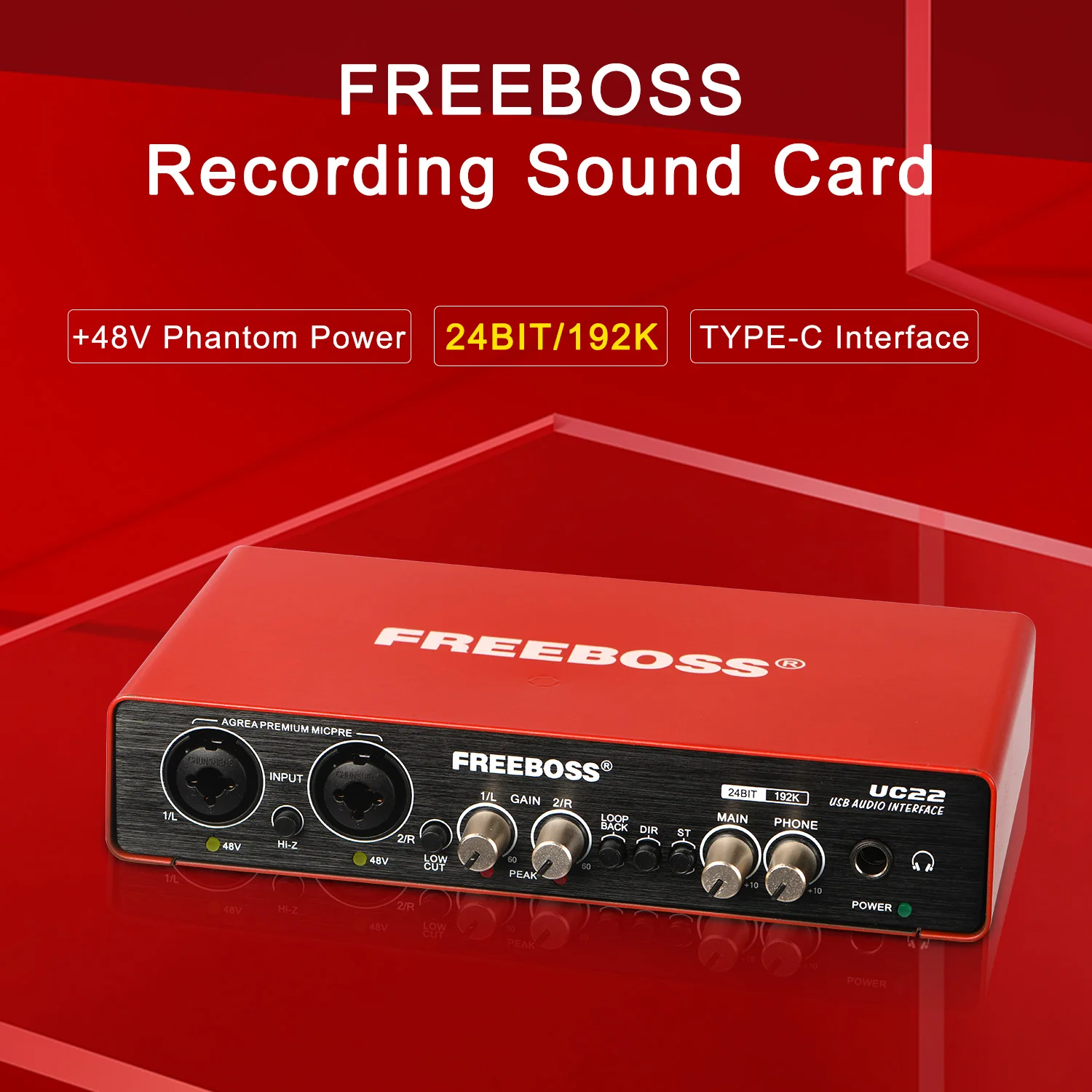 FREEBOSS Audio Interface Professional 192KHz Recording Loopback Electric Guitar USB External Sound Card 48V Phantom Power UC22