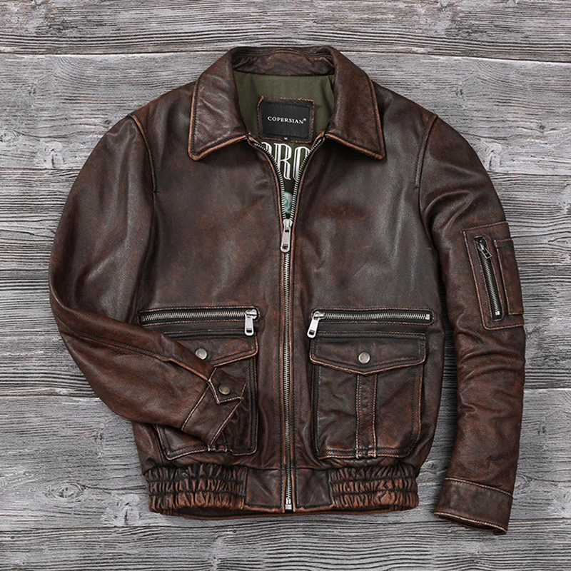 

Men Stone Distressed Genuine Leather Jacket New Top Layer Cowhide Air Force Flight Jackets Vintage Fashion Redbrown Corium Coat