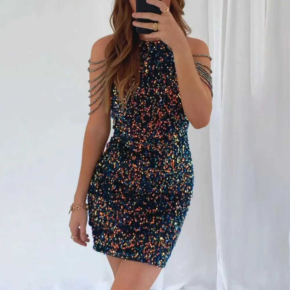 

Шикарное сексуальное платье без рукавов, облегающее сексуальное облегающее платье-футляр с блестками, мини-платье с лямкой на шее, облегающ...