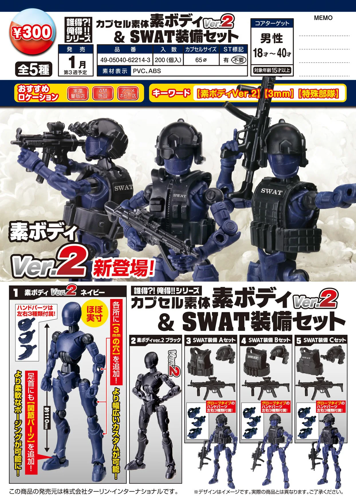 

Japan Epoch Gashapon Capsule Toy Movable Figure Puppet Accessories Whole Body Movable Swat Humanoid Body
