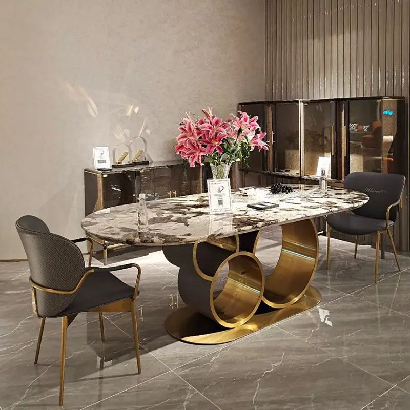 

Italian Style Light Luxury High-End Stainless Steel Natural Marble Luxury Stone Dining Table Dining Table Villa Model House