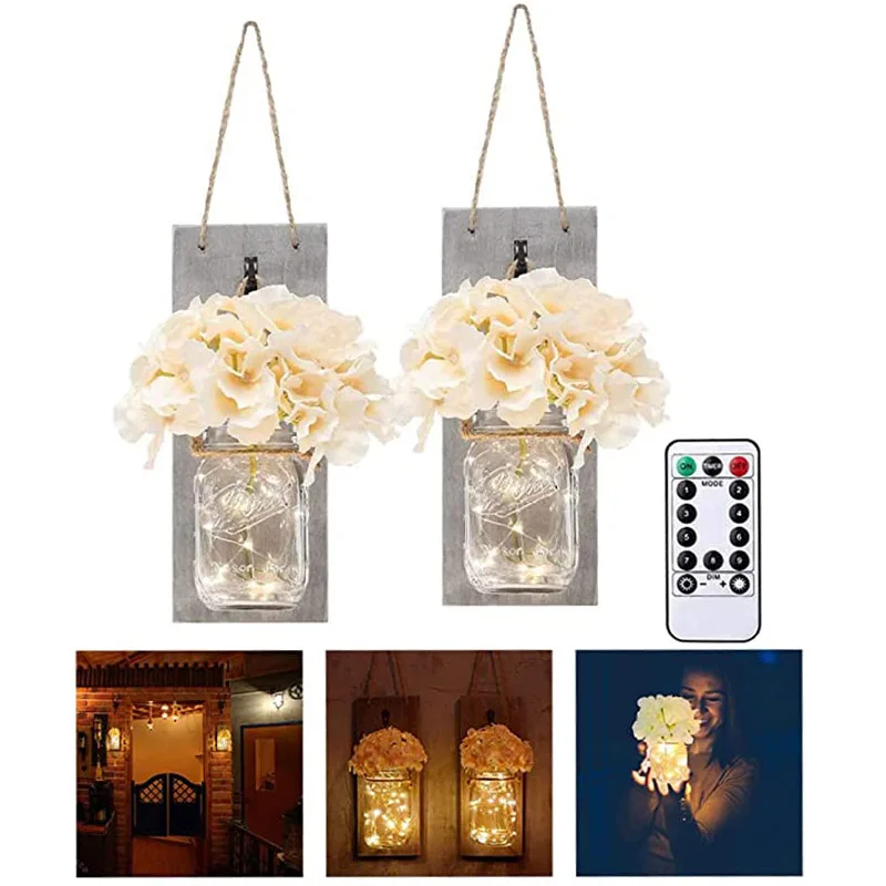 

2pcs Rustic Mason Bottle Jar Sconces for Home Decor Chic Hanging Wall Lamp with LED Strip Lights Hydrangea Iron Hooks for Kitche