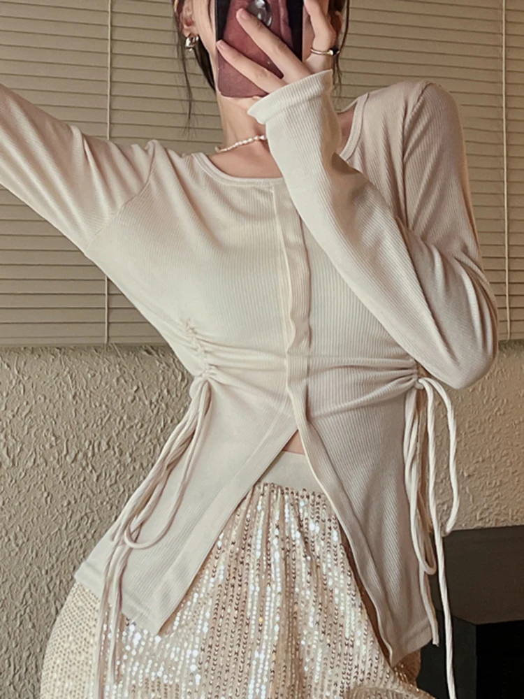 

Женская футболка с длинным рукавом, однотонная облегающая футболка в Корейском стиле, весна 2022, Y2k