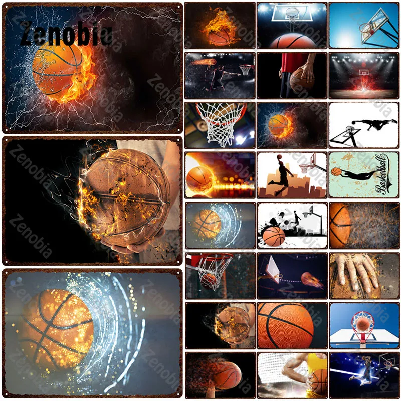 

Basketball Metal Sign Burning Basketball Metal Poster Decorative Tin Plate Basket Net Vintage Plaque Basketball Court Home Decor