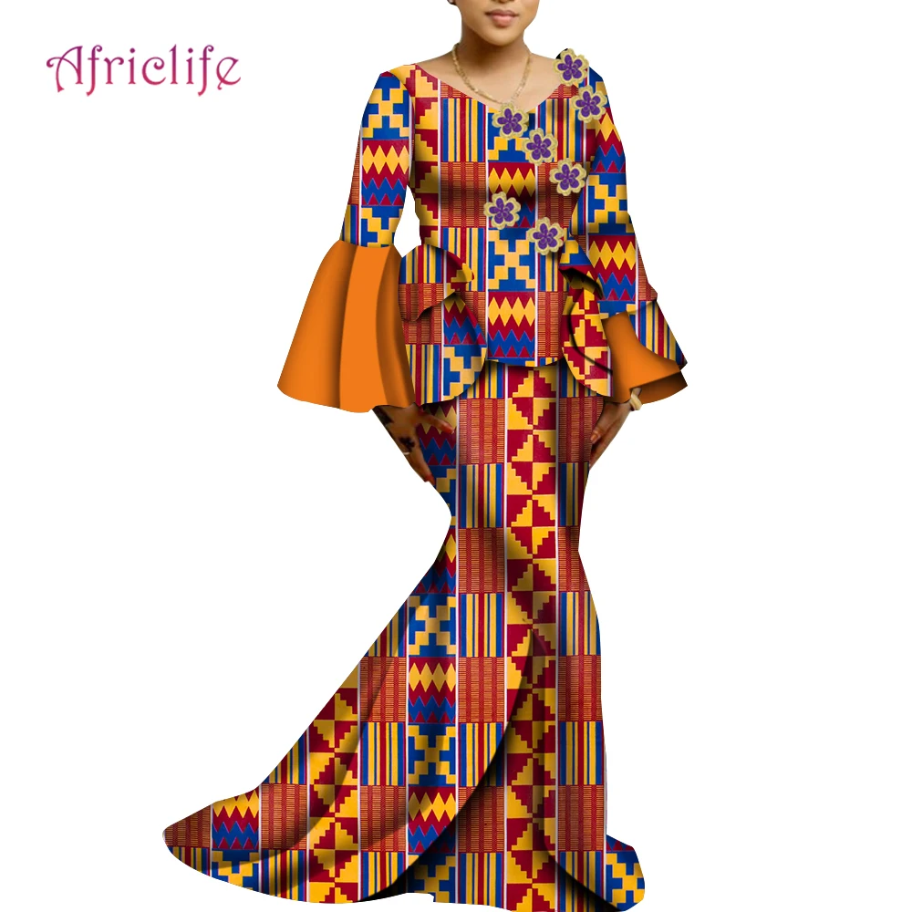 

African Set Clothing for Women Dashiki Print Lady Outfits V-necklace Tops with Appliques And Floor-length Hip Skirt Party WY9848