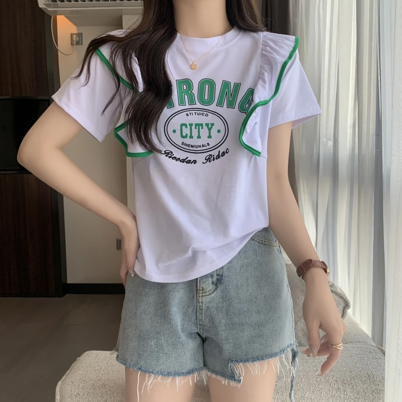 

summer Women T Shirt Graphic letter Print Harajuku Streewear Clothes Causal loose Ruffle Contrast T-shirt Female Y2K white Tops