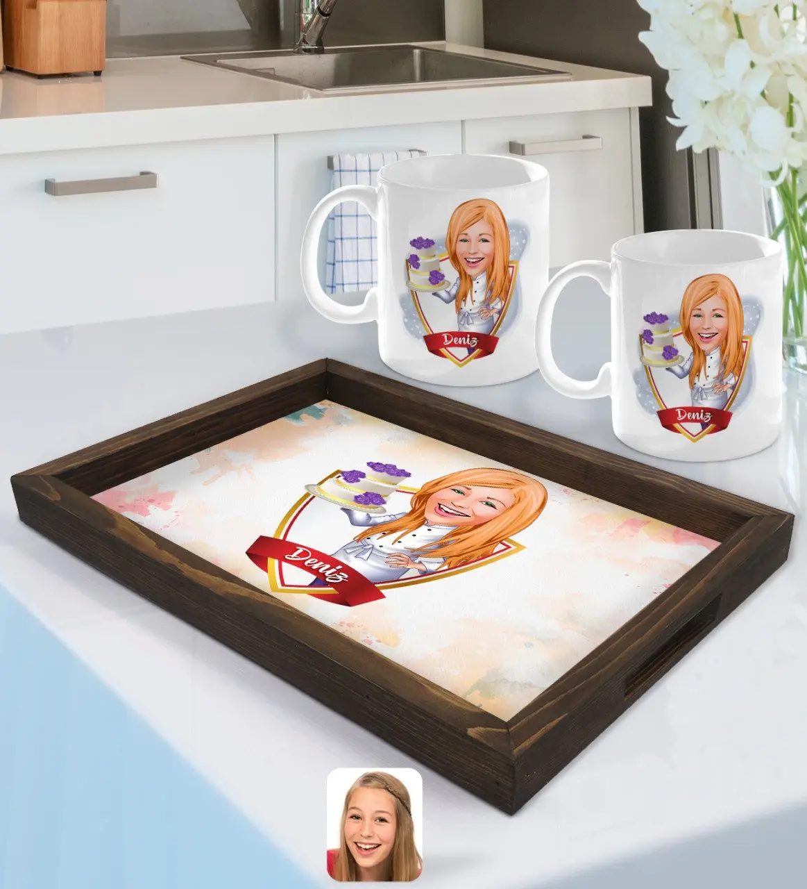 

Персонализированный женский шеф-повар, карикатура искусственной кожи и кружка с 2 отделениями