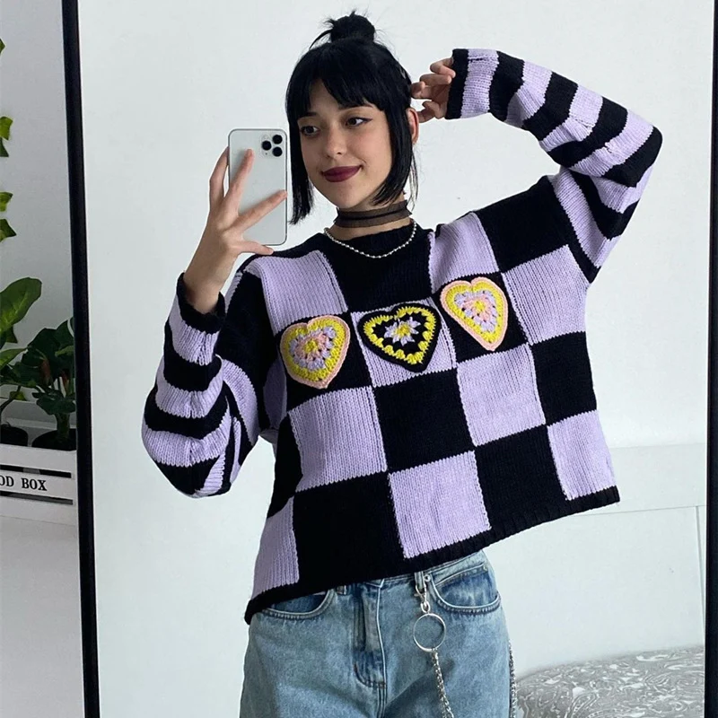 Women Fall Sweater Checkerboard Heart Crochet Round Collar Long-Sleeves Knitted Pullover Spring Autumn Clothing Pullovers