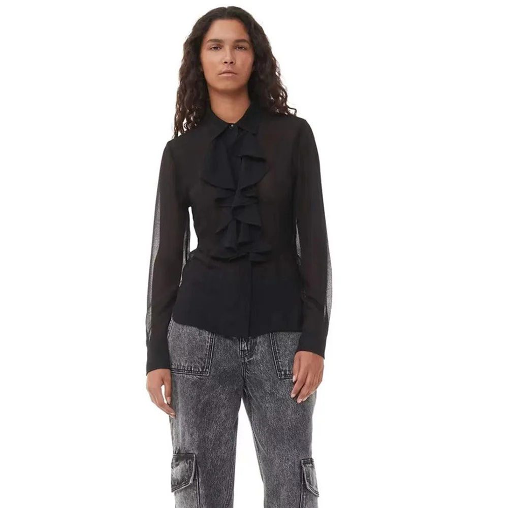 

Scandinavian G@NNIautumn and winter new black chiffon breath ruffled Slim shirt female