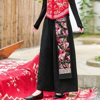 2022 chinese ethnic embroidered high waist wide leg trousers straight with bloomers womens trousers