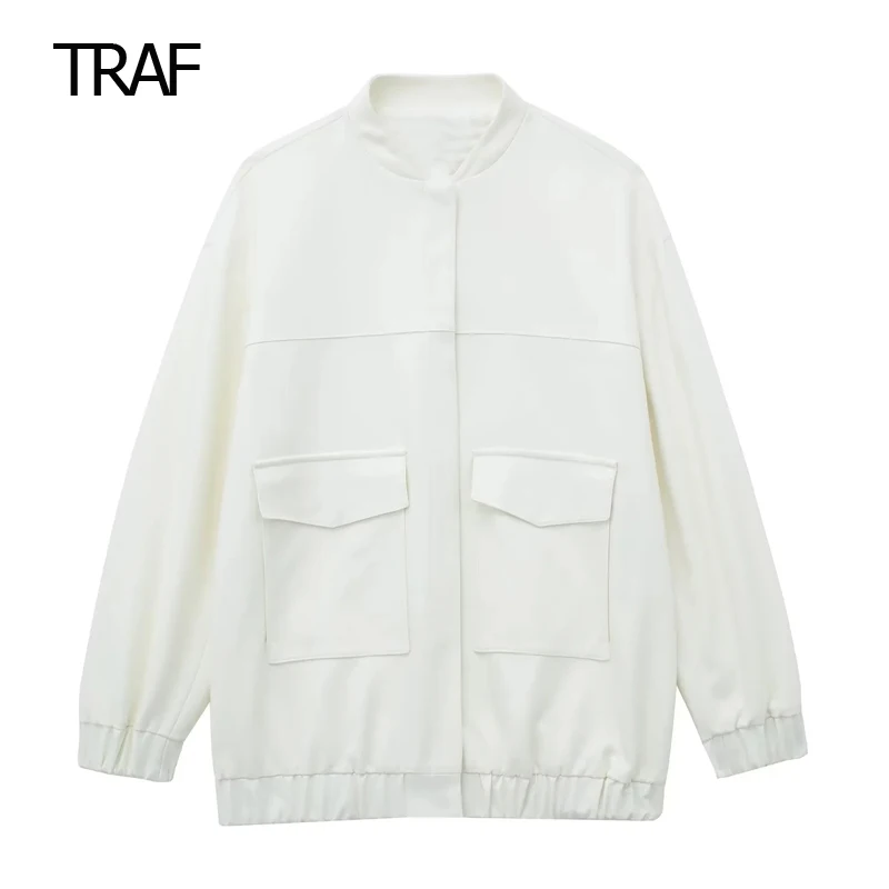 

TRAF Women's Jacket 2023 Autumn White Bomber Jacket Long Sleeve O-Neck Front Zip Fasten Jacket With Flaps Luxury Designer Jacket
