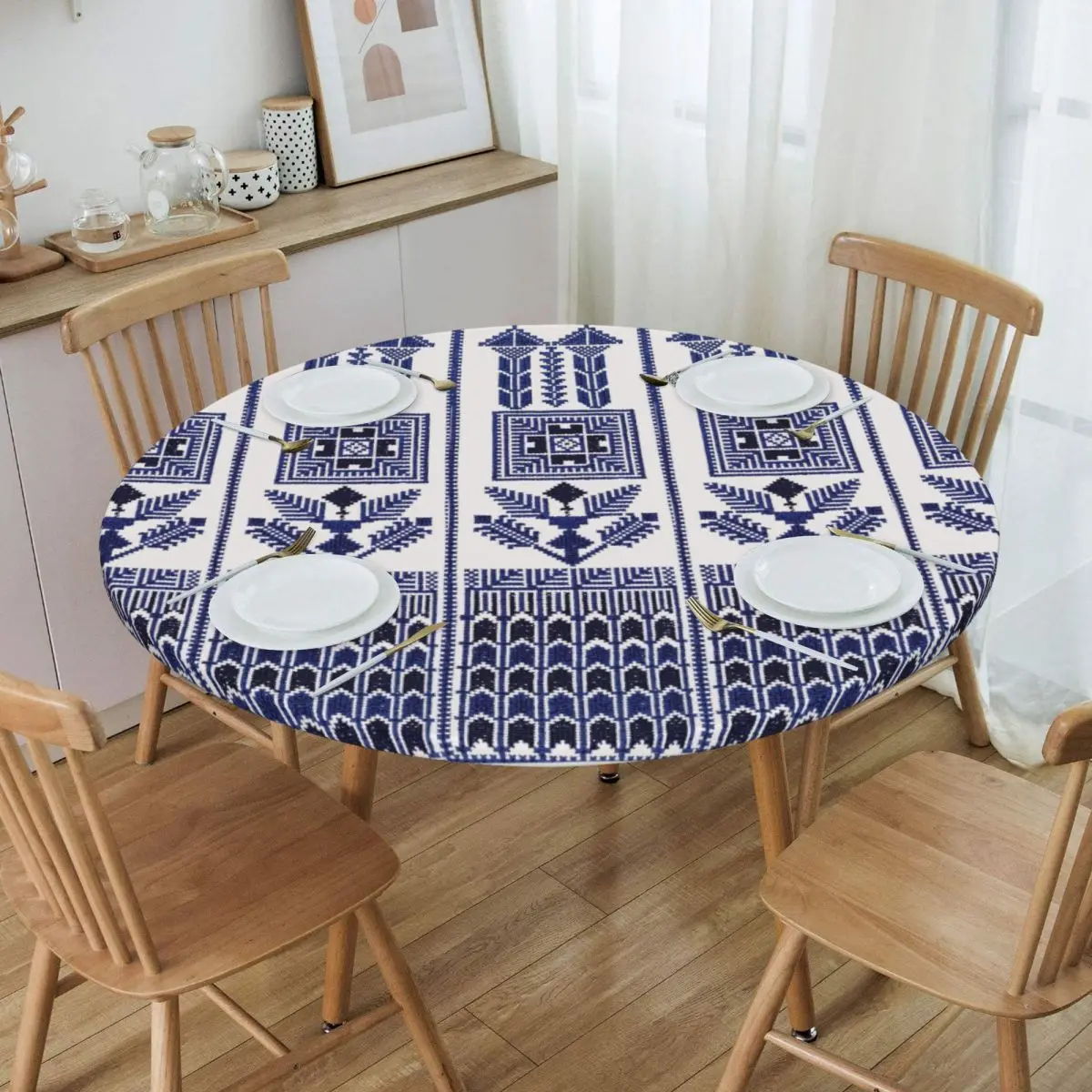 

Waterproof Palestine Embroidery Palestinian Tatreez Tablecloth Backing Elastic Edge Table Cover Cross Stitch Folk Table Cloth