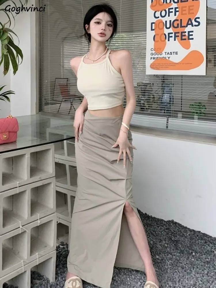 

Женский летний комплект из 2 предметов, укороченный топ на бретельках, юбка макси с Боковым Разрезом, Элегантная Модная Универсальная мягкая и простая женская одежда