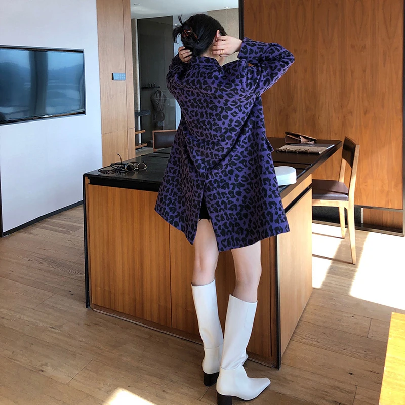 Женский свободный шерстяной пиджак Фиолетовый с леопардовым принтом верхняя