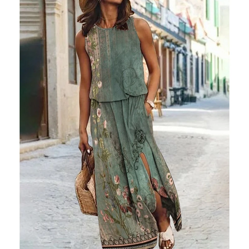 

Женское длинное платье до пола, Повседневное платье с круглым вырезом, высокой талией, цветочным принтом и разрезом, без рукавов, весна-лето