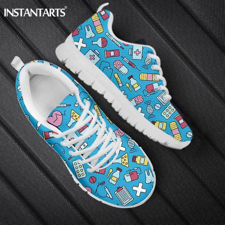 

INSTANTARTS Cute Cartoon Medical Pattern Nurse Shoes Women Running Sneakers Light Mesh Lace up Flat Shoe Women's Footwear