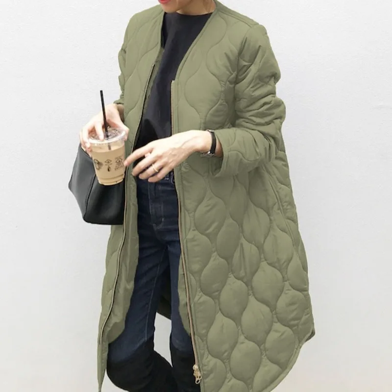 Winter Cotton Jacket Office Ladies Korean Warm Solid Color Zipper Retro Long Parka Coat Winter Coat Ladies