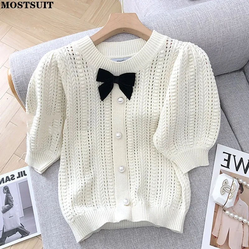 

Summer Vintage Elegant Knit Pullover Sweater Women Puff Sleeve Bowtie Buttons Hollow Knitwear Tops Korean Fashion Female Jumpers