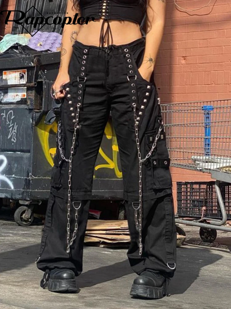 

Rapcopter Y2K Chain Bandage Cargo Pants Pockets Baggy Grunge Punk Goth Black Sweatpants 90s Streetwear Aesthetic Trousers Women